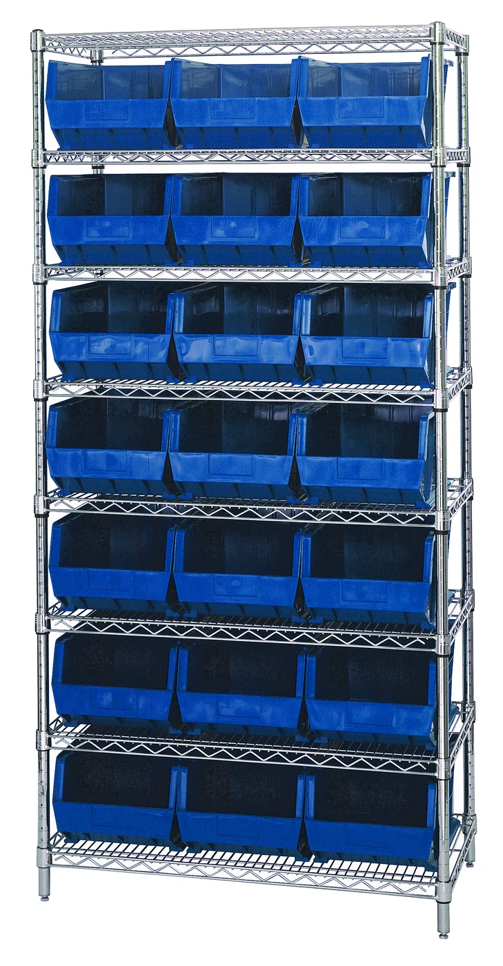 Quantum WR8-255BL Bin Wire Shelving System, 36"W x 18"D x 74"H, 800 lb capacity, Chrome