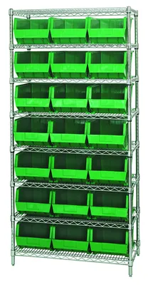 Quantum WR8-255GN Bin Wire Shelving System, 36"W x 18"D x 74"H, 800 lb capacity, Chrome