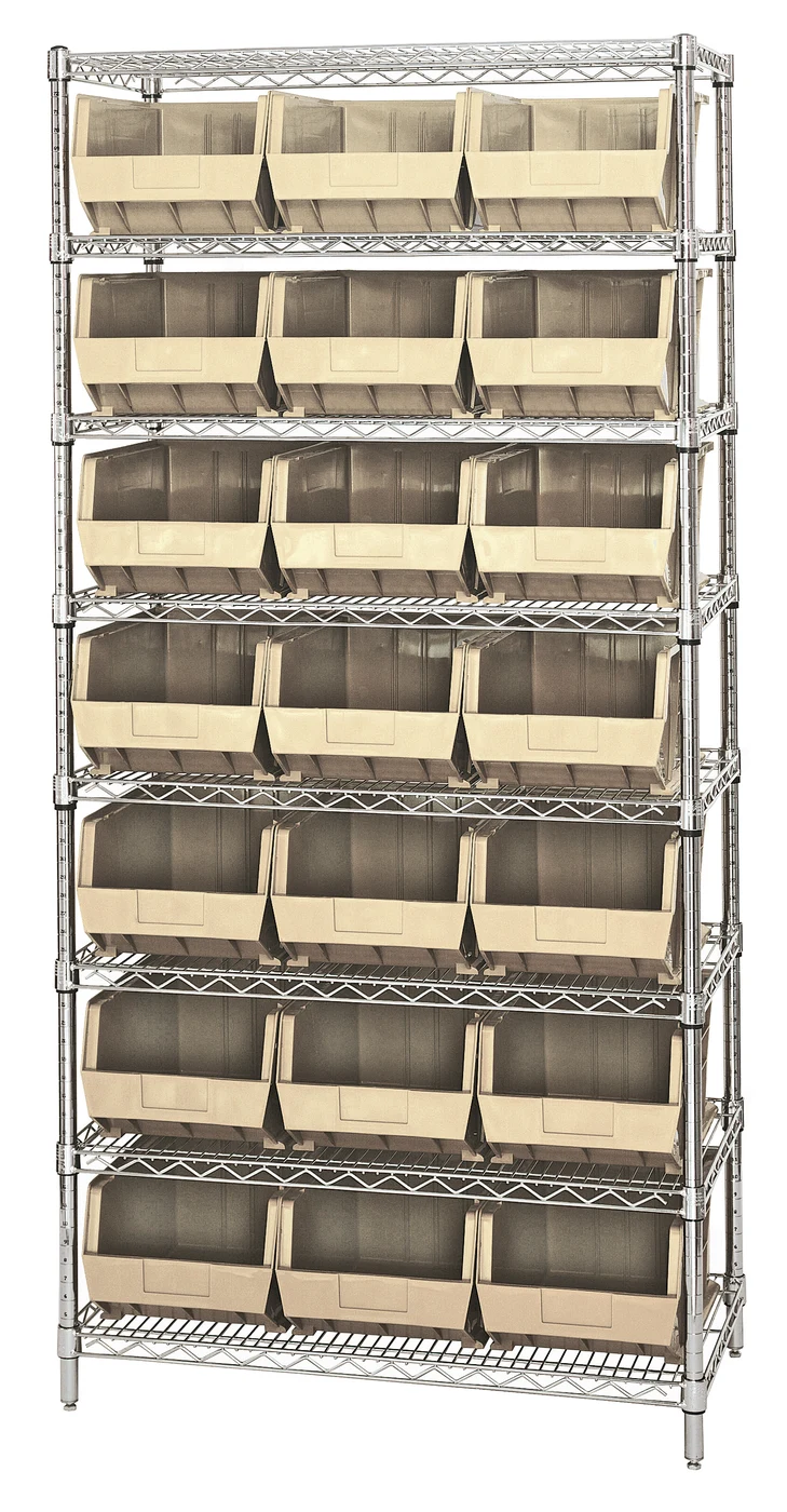 Quantum WR8-255IV Bin Wire Shelving System, 36"W x 18"D x 74"H, 800 lb capacity, Chrome