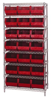 Quantum WR8-255RD Bin Wire Shelving System, 36"W x 18"D x 74"H, 800 lb capacity, Chrome