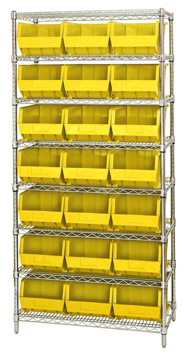 Quantum WR8-255YL Bin Wire Shelving System, 36"W x 18"D x 74"H, 800 lb capacity, Chrome