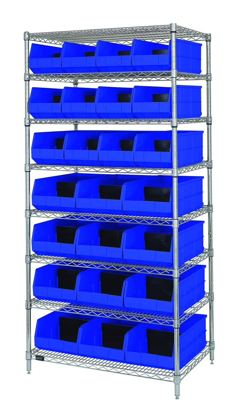 Quantum WR8-348358BL Bin Wire Shelving System, 36"W x 21"D x 74"H, 800 lb capacity, Chrome