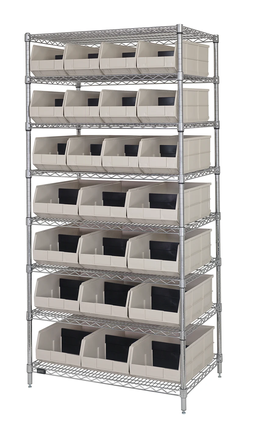Quantum WR8-348358CL Bin Wire Shelving System, 36"W x 21"D x 74"H, 800 lb capacity, Chrome