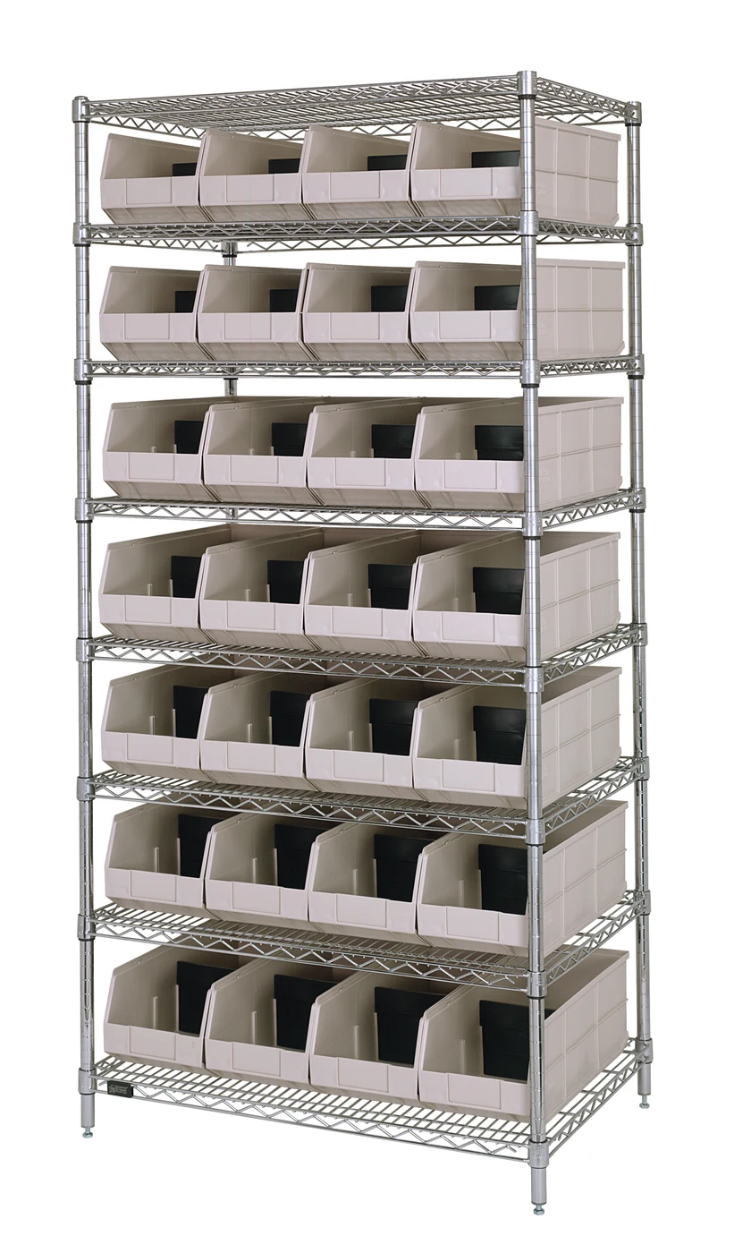 Quantum WR8-348IV Bin Wire Shelving System, 36"W x 21"D x 74"H, 800 lb capacity, Chrome
