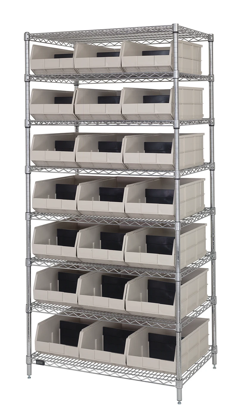 Quantum WR8-358IV Bin Wire Shelving System, 36"W x 21"D x 74"H, 800 lb capacity, Chrome