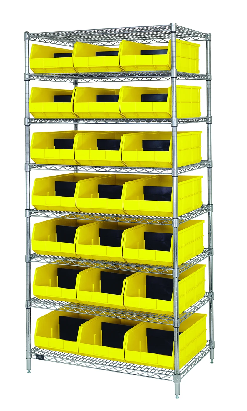 Quantum WR8-348YL Bin Wire Shelving System, 36"W x 21"D x 74"H, 800 lb capacity, Chrome