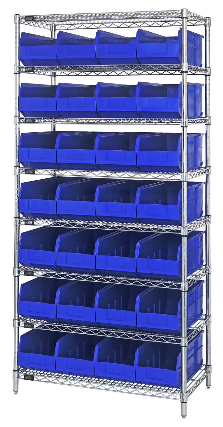 Quantum WR8-423BL Bin Wire Shelving System, 36"W x 12"D x 74"H, 800 lb capacity, Chrome