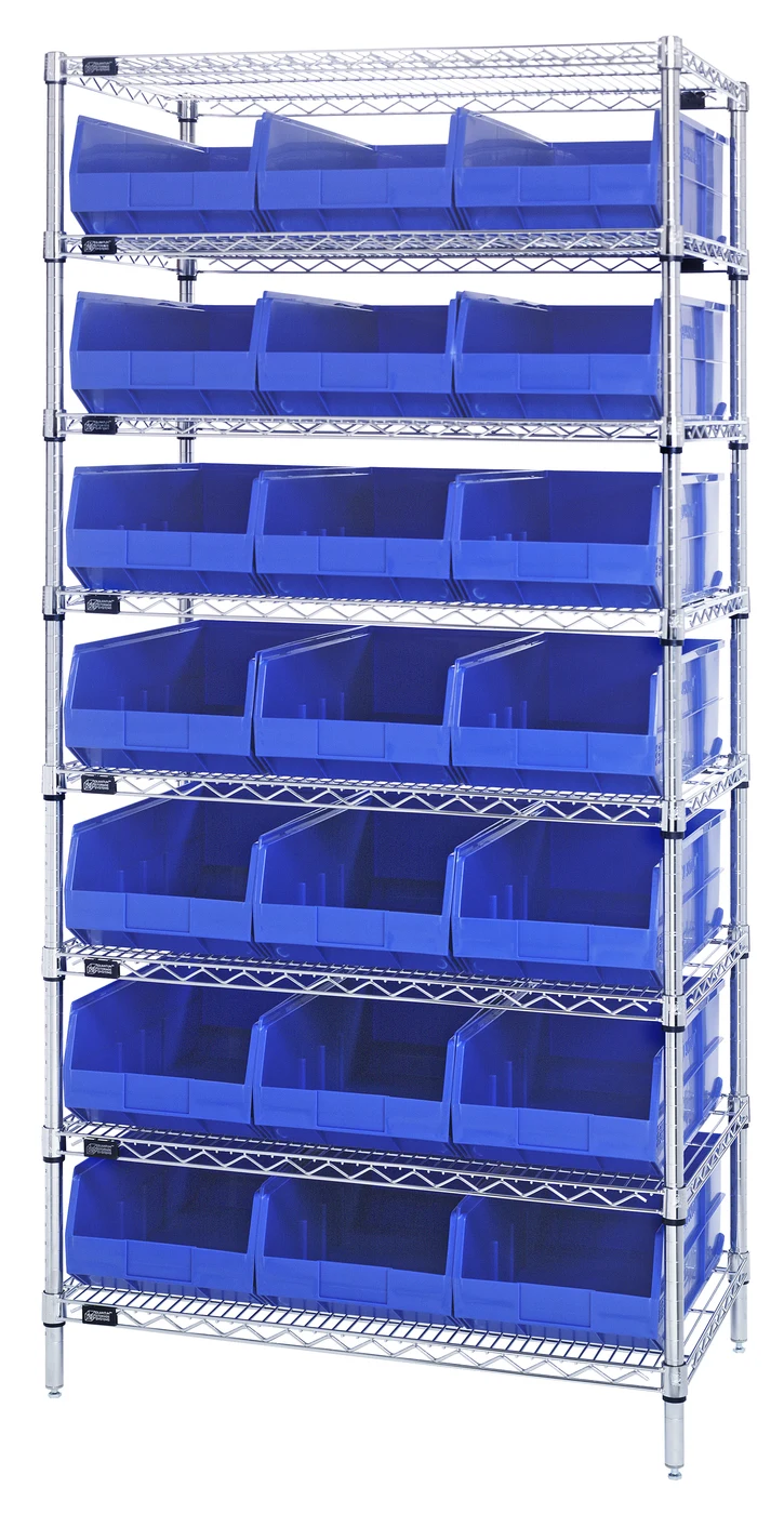 Quantum WR8-425BL Bin Wire Shelving System, 36"W x 12"D x 74"H, 800 lb capacity, Chrome