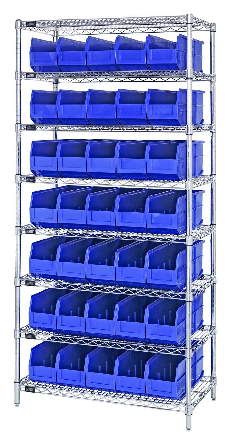 Quantum WR8-441BL Bin Wire Shelving System, 36"W x 14"D x 74"H, 800 lb capacity, Chrome