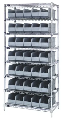 Quantum WR8-441GY Bin Wire Shelving System, 36"W x 14"D x 74"H, 800 lb capacity, Chrome