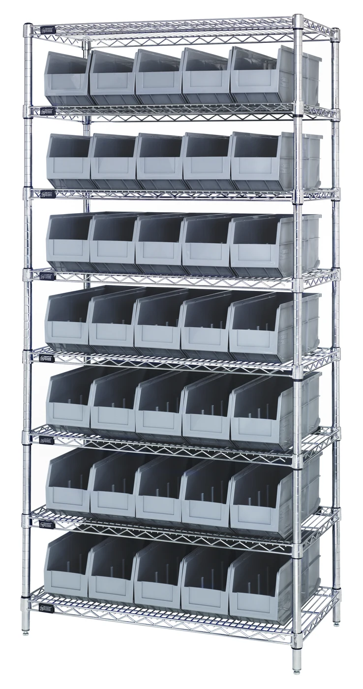 Quantum WR8-441GY Bin Wire Shelving System, 36"W x 14"D x 74"H, 800 lb capacity, Chrome