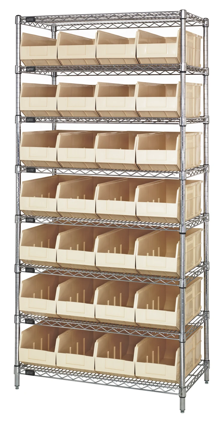 Quantum WR8-443IV Bin Wire Shelving System, 36"W x 14"D x 74"H, 800 lb capacity, Chrome