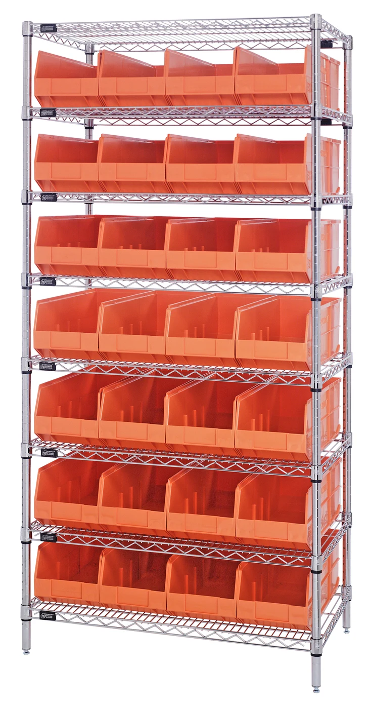 Quantum WR8-443OR Bin Wire Shelving System, 36"W x 14"D x 74"H, 800 lb capacity, Chrome