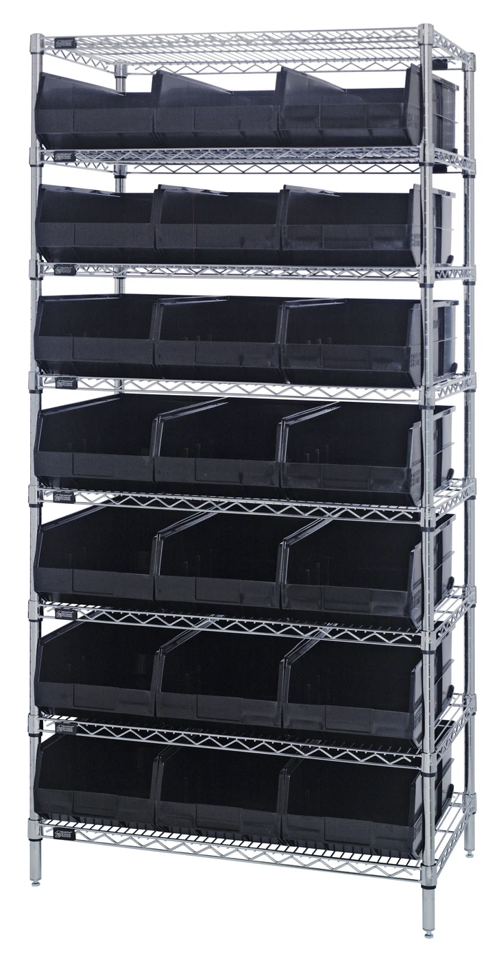 Quantum WR8-445BK Bin Wire Shelving System, 36"W x 14"D x 74"H, 800 lb capacity, Chrome