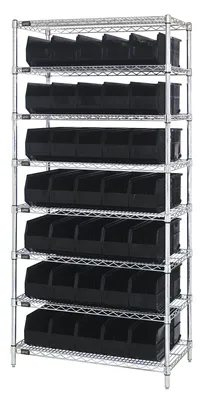 Quantum WR8-461BK Bin Wire Shelving System, 36"W x 18"D x 74"H, 800 lb capacity, Chrome