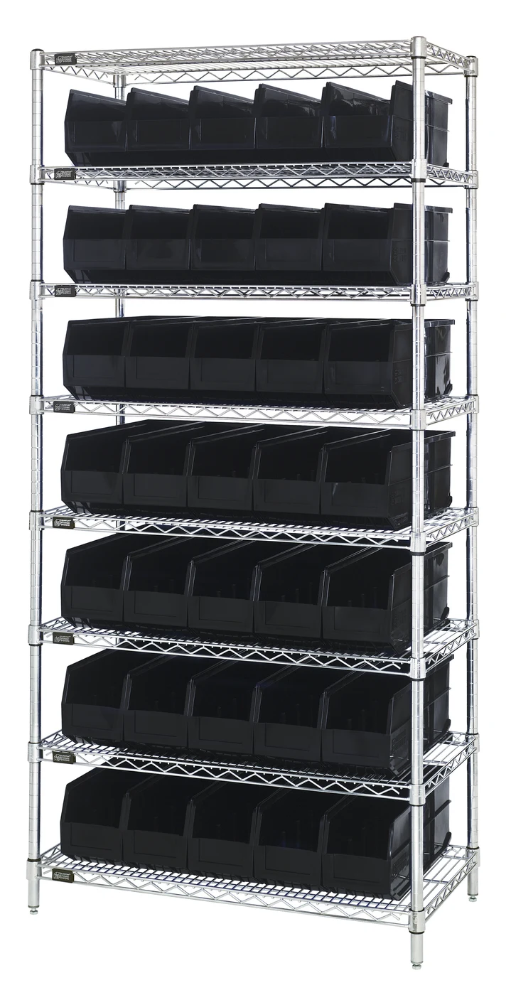 Quantum WR8-461BK Bin Wire Shelving System, 36"W x 18"D x 74"H, 800 lb capacity, Chrome