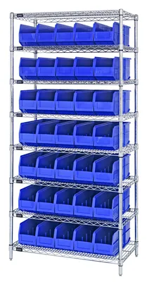 Quantum WR8-461BL Bin Wire Shelving System, 36"W x 18"D x 74"H, 800 lb capacity, Chrome