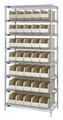 Quantum WR8-461IV Bin Wire Shelving System, 36"W x 18"D x 74"H, 800 lb capacity, Chrome