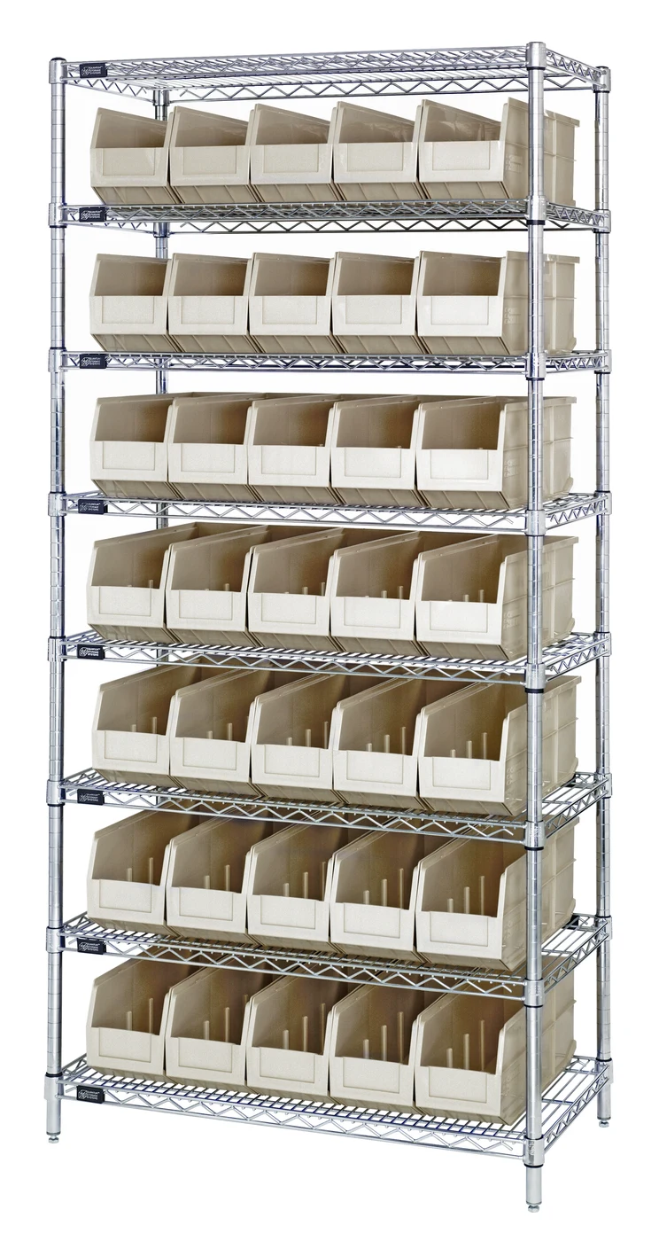 Quantum WR8-461IV Bin Wire Shelving System, 36"W x 18"D x 74"H, 800 lb capacity, Chrome