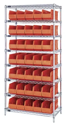 Quantum WR8-461OR Bin Wire Shelving System, 36"W x 18"D x 74"H, 800 lb capacity, Chrome