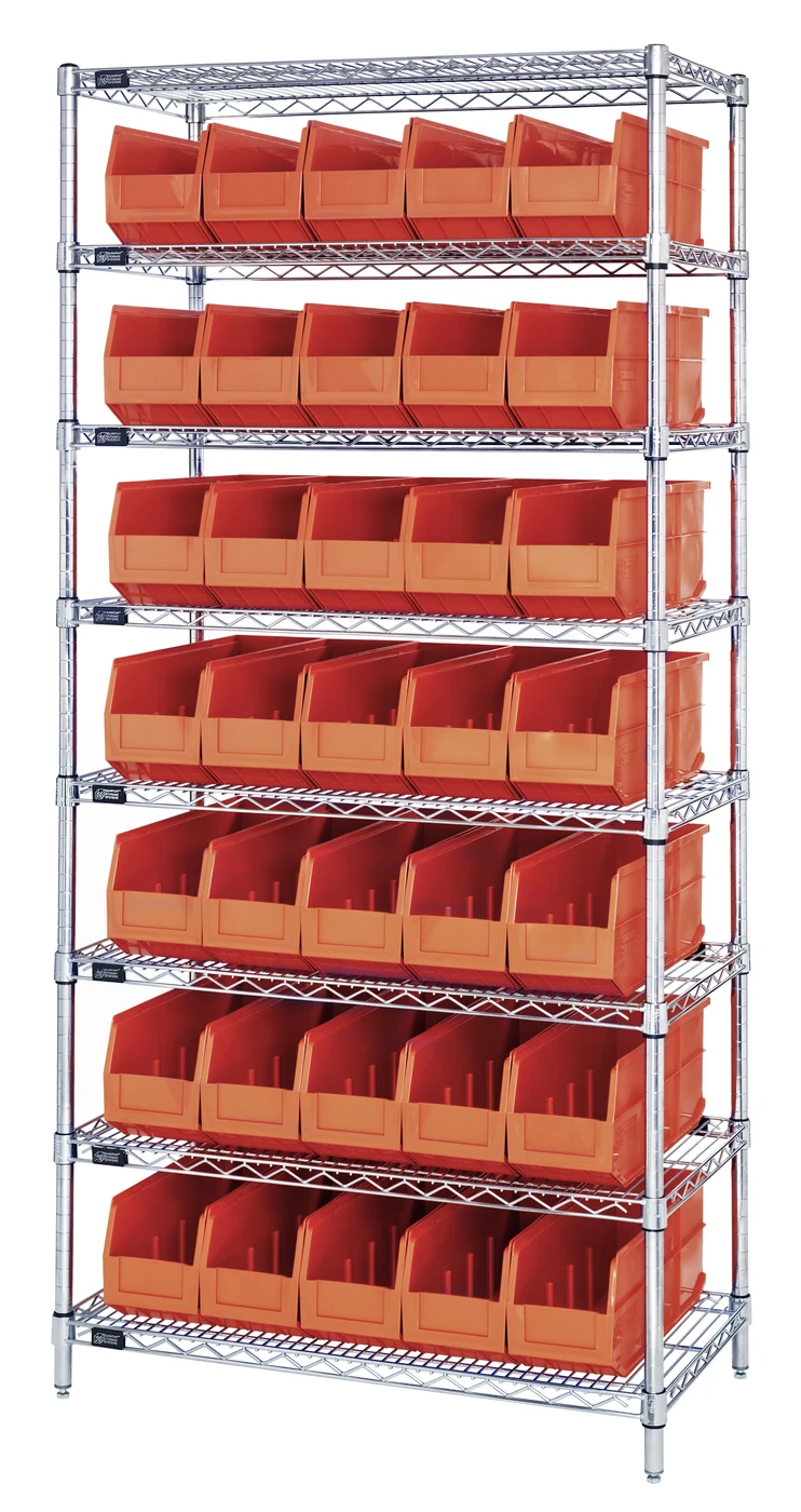 Quantum WR8-461OR Bin Wire Shelving System, 36"W x 18"D x 74"H, 800 lb capacity, Chrome