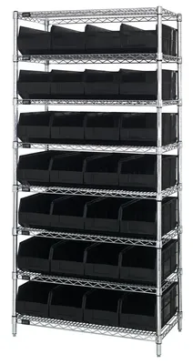 Quantum WR8-463BK Bin Wire Shelving System, 36"W x 18"D x 74"H, 800 lb capacity, Chrome