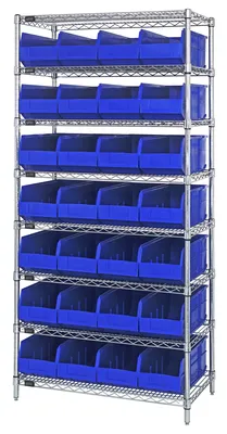 Quantum WR8-463BL Bin Wire Shelving System, 36"W x 18"D x 74"H, 800 lb capacity, Chrome