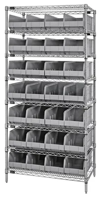 Quantum WR8-463GY Bin Wire Shelving System, 36"W x 18"D x 74"H, 800 lb capacity, Chrome