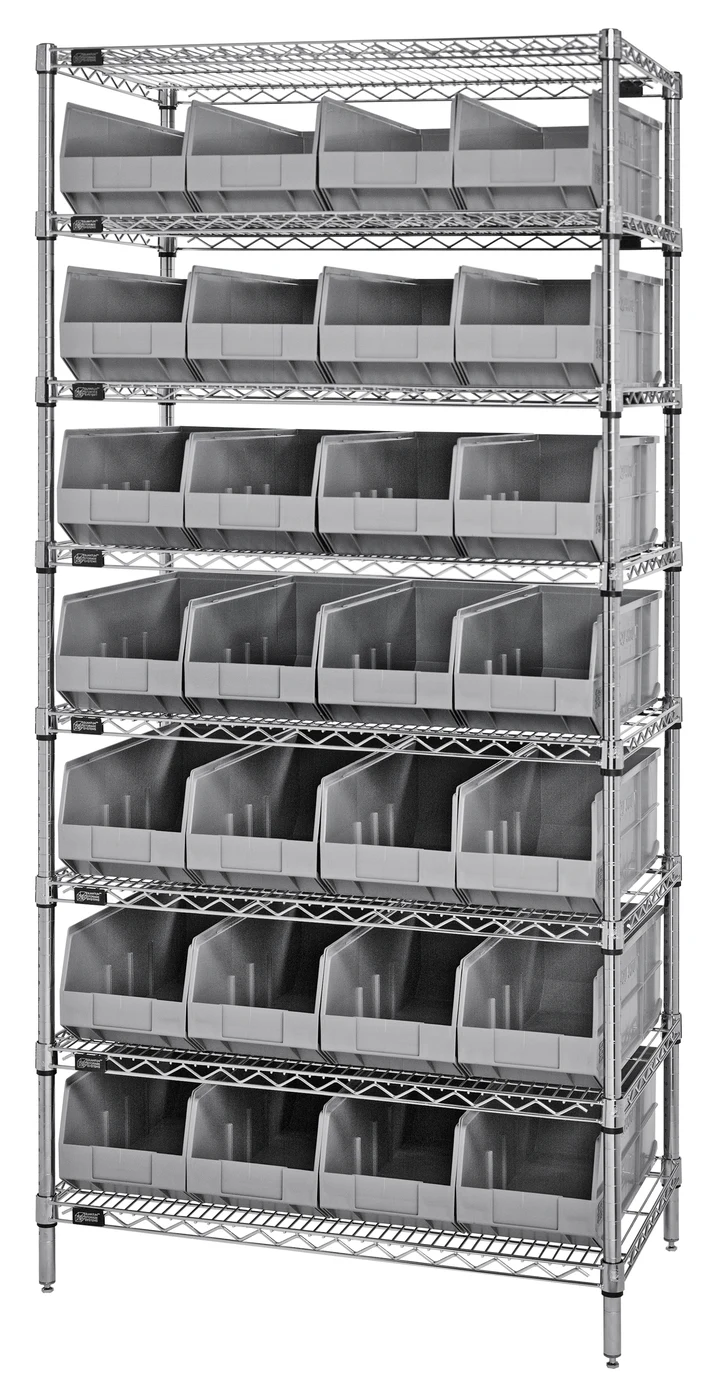 Quantum WR8-463GY Bin Wire Shelving System, 36"W x 18"D x 74"H, 800 lb capacity, Chrome