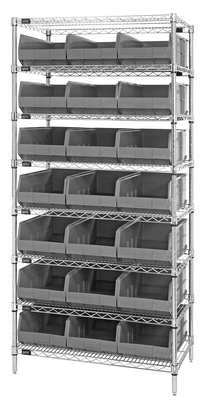 Quantum WR8-465GY Bin Wire Shelving System, 36"W x 18"D x 74"H, 800 lb capacity, Chrome