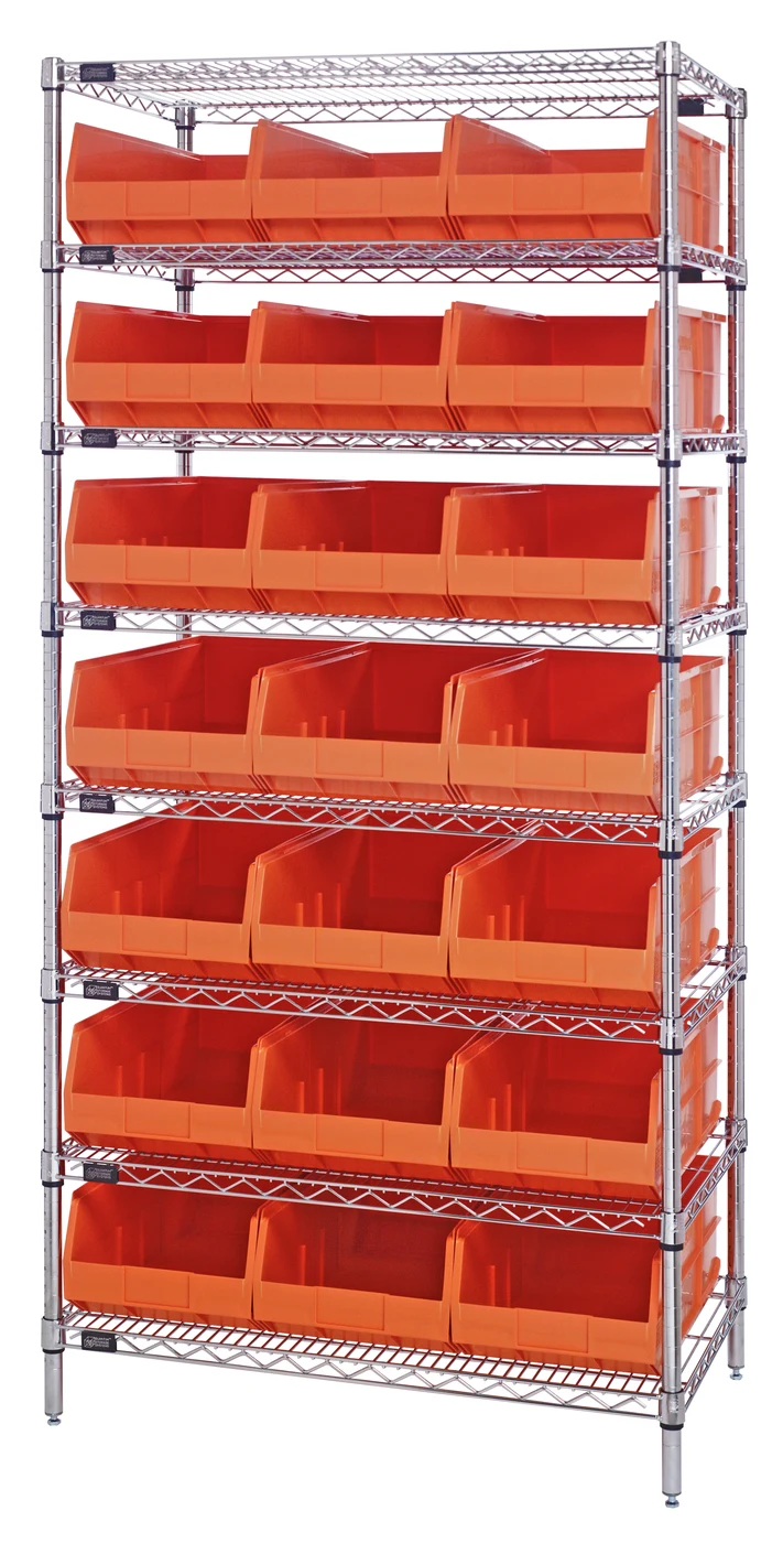 Quantum WR8-465OR Bin Wire Shelving System, 36"W x 18"D x 74"H, 800 lb capacity, Chrome