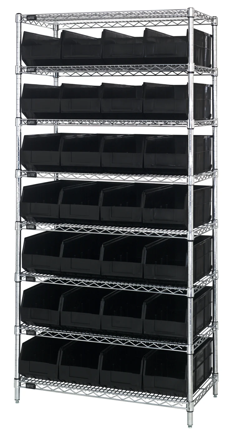Quantum WR8-483BK Bin Wire Shelving System, 36"W x 21"D x 74"H, 800 lb capacity, Chrome