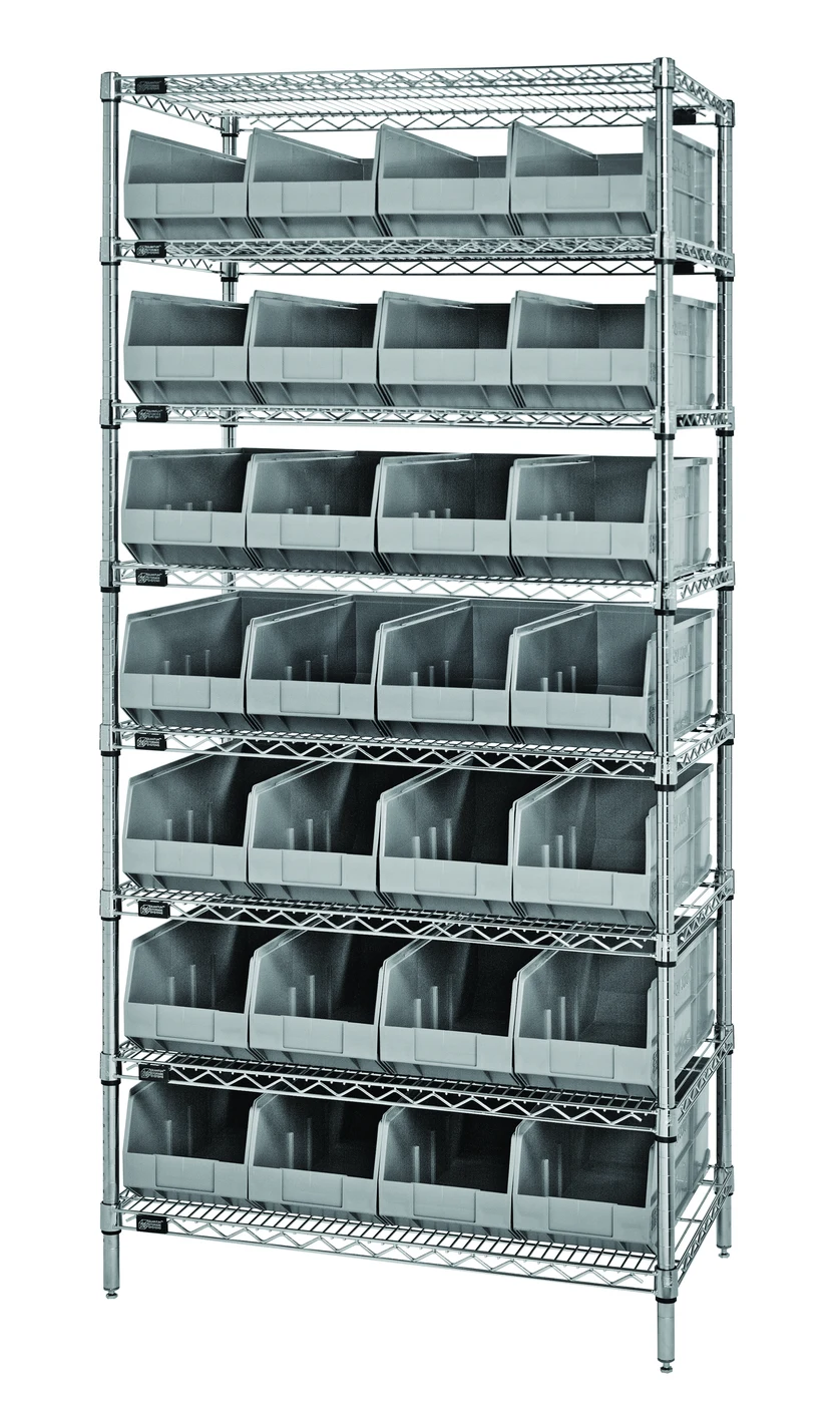 Quantum WR8-483GY Bin Wire Shelving System, 36"W x 21"D x 74"H, 800 lb capacity, Chrome