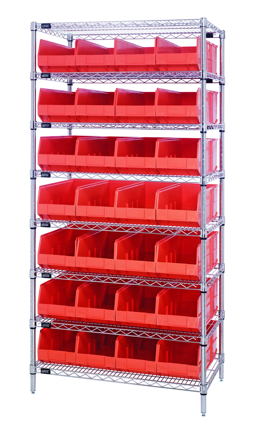 Quantum WR8-485OR Bin Wire Shelving System, 36"W x 21"D x 74"H, 800 lb capacity, Chrome