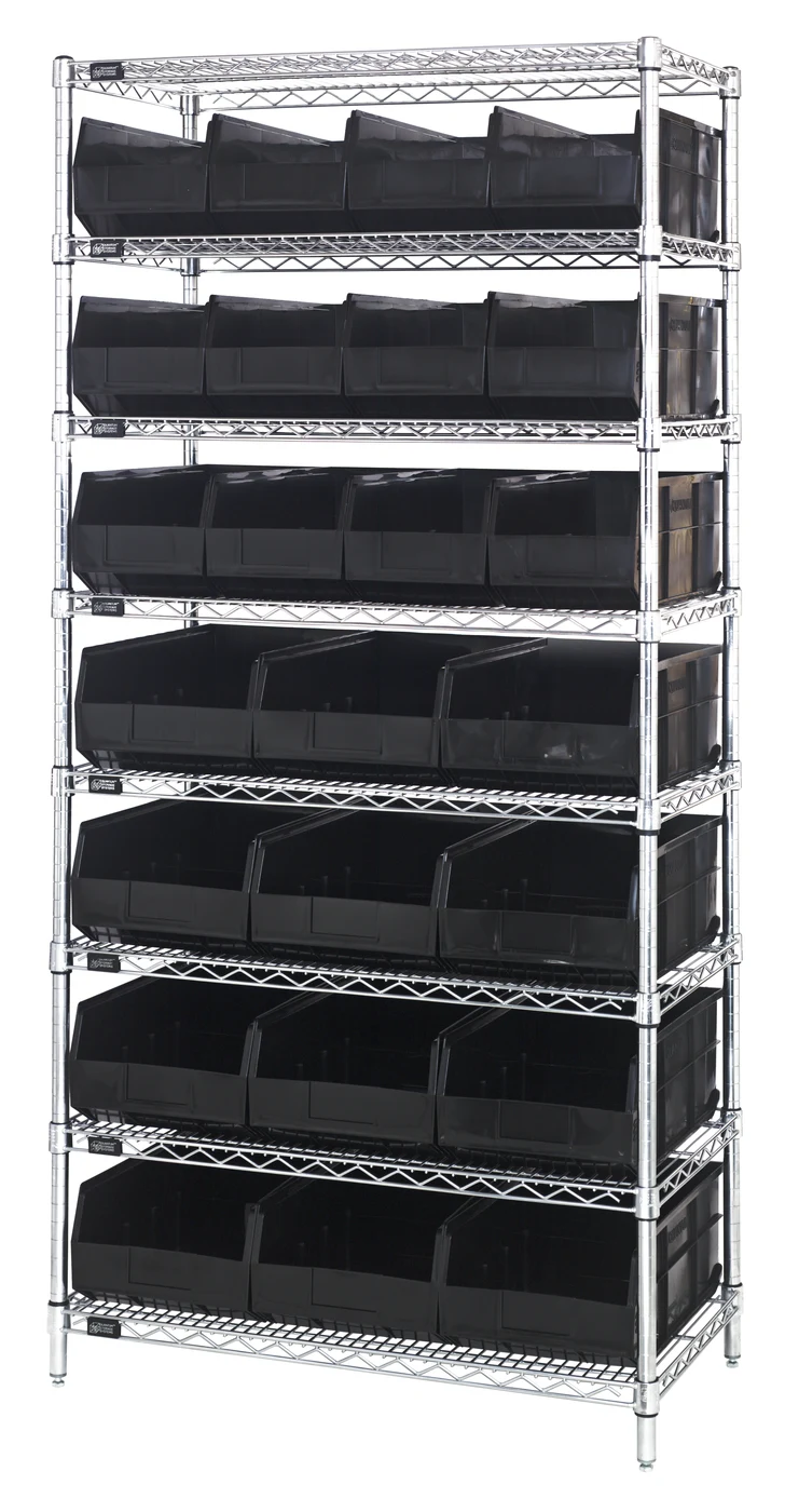 Quantum WR8-483485BK Bin Wire Shelving System, 36"W x 21"D x 74"H, 800 lb capacity, Chrome