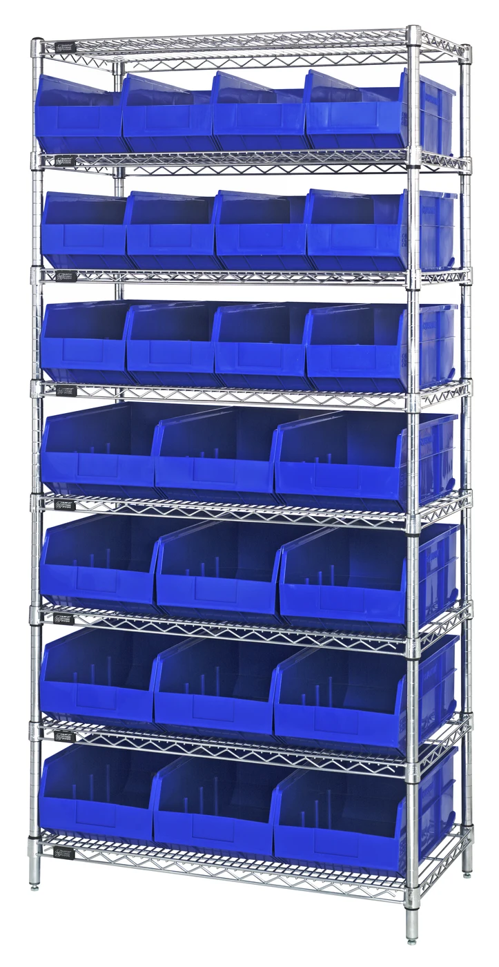 Quantum WR8-483485BL Bin Wire Shelving System, 36"W x 21"D x 74"H, 800 lb capacity, Chrome