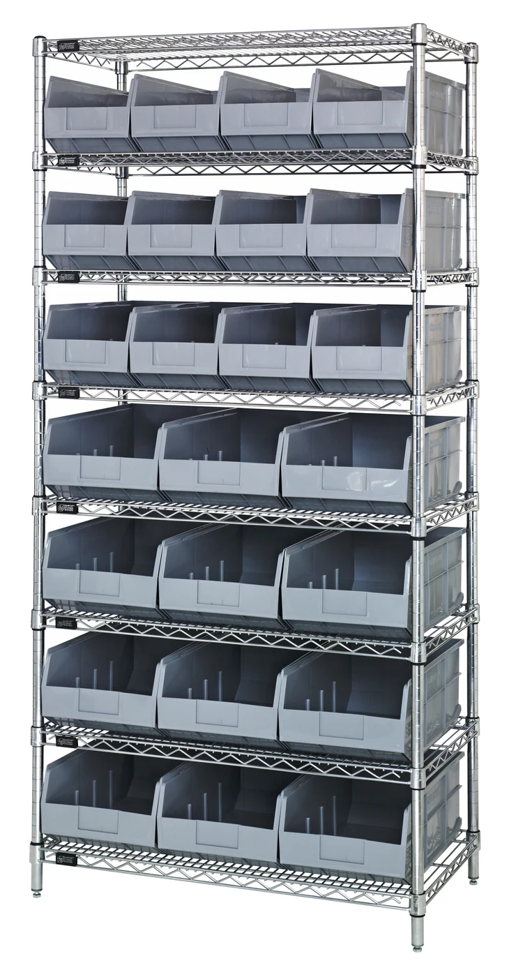 Quantum WR8-483485GY Bin Wire Shelving System, 36"W x 21"D x 74"H, 800 lb capacity, Chrome