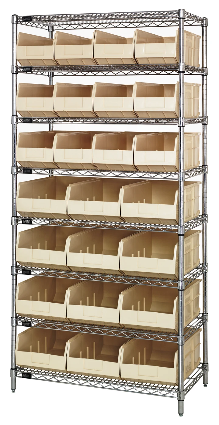 Quantum WR8-483485IV Bin Wire Shelving System, 36"W x 21"D x 74"H, 800 lb capacity, Chrome