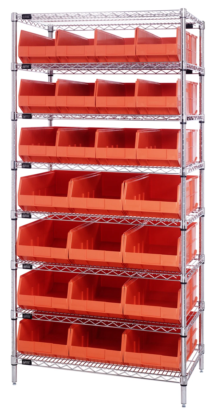 Quantum WR8-483485OR Bin Wire Shelving System, 36"W x 21"D x 74"H, 800 lb capacity, Chrome