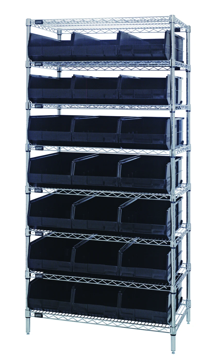 Quantum WR8-485BK Bin Wire Shelving System, 36"W x 21"D x 74"H, 800 lb capacity, Chrome