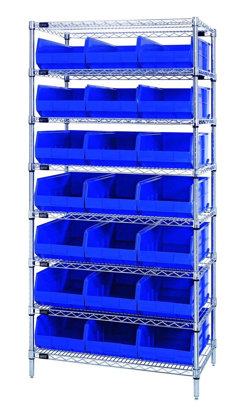 Quantum WR8-485BL Bin Wire Shelving System, 36"W x 21"D x 74"H, 800 lb capacity, Chrome