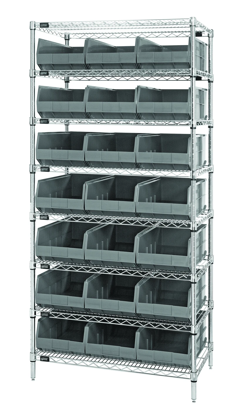 Quantum WR8-485GY Bin Wire Shelving System, 36"W x 21"D x 74"H, 800 lb capacity, Chrome