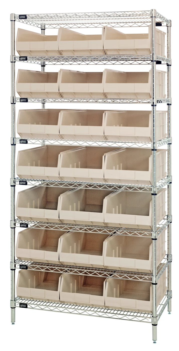 Quantum WR8-485IV Bin Wire Shelving System, 36"W x 21"D x 74"H, 800 lb capacity, Chrome