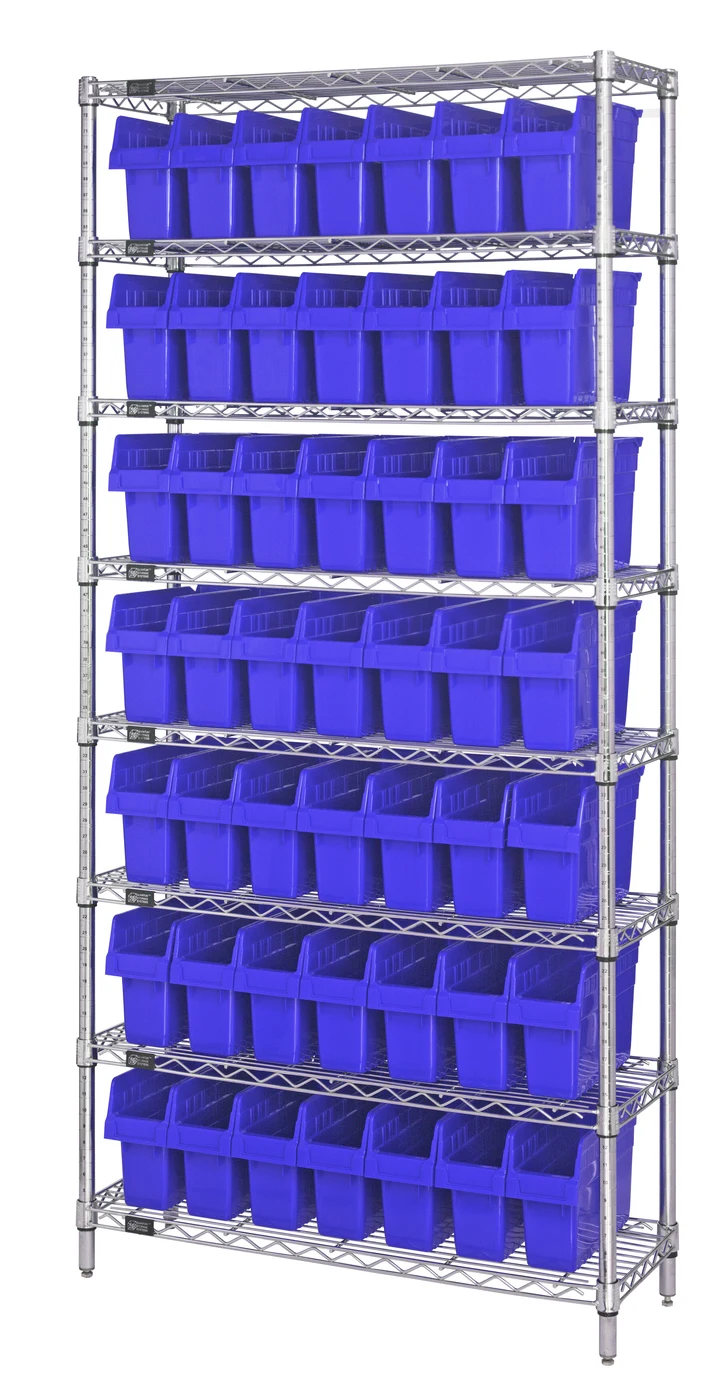 Quantum WR8-801BL Bin Wire Shelving System, 36"W x 12"D x 74"H, 800 lb capacity, Chrome