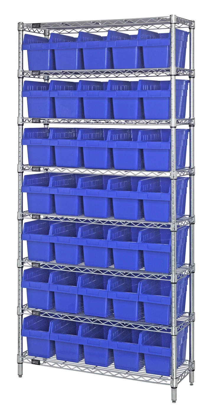 Quantum WR8-802BL Bin Wire Shelving System, 36"W x 12"D x 74"H, 800 lb capacity, Chrome