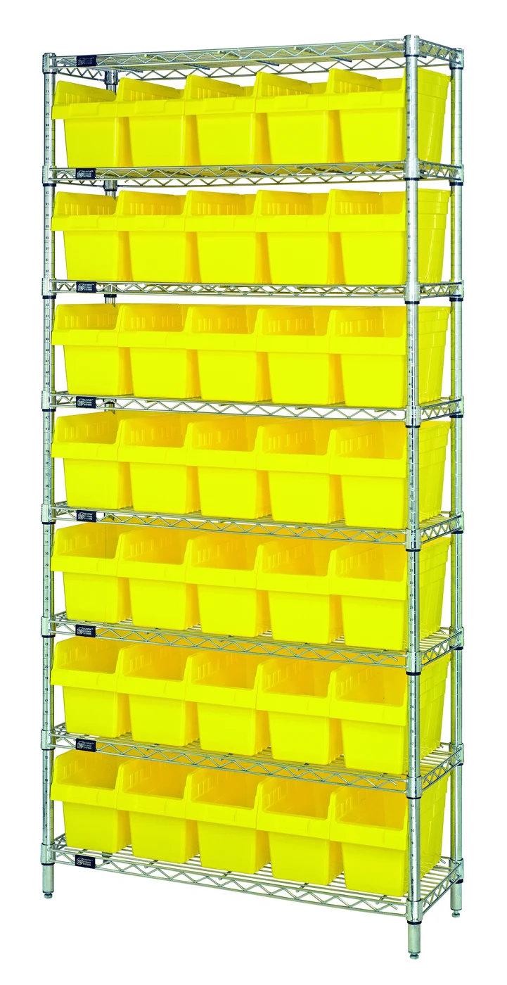 Quantum WR8-802YL Bin Wire Shelving System, 36"W x 12"D x 74"H, 800 lb capacity, Chrome