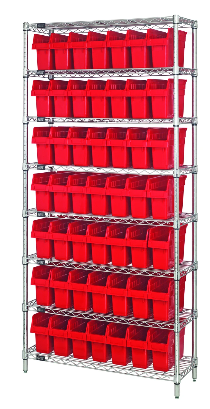 Quantum WR8-803RD Bin Wire Shelving System, 36"W x 18"D x 74"H, 800 lb capacity, Chrome