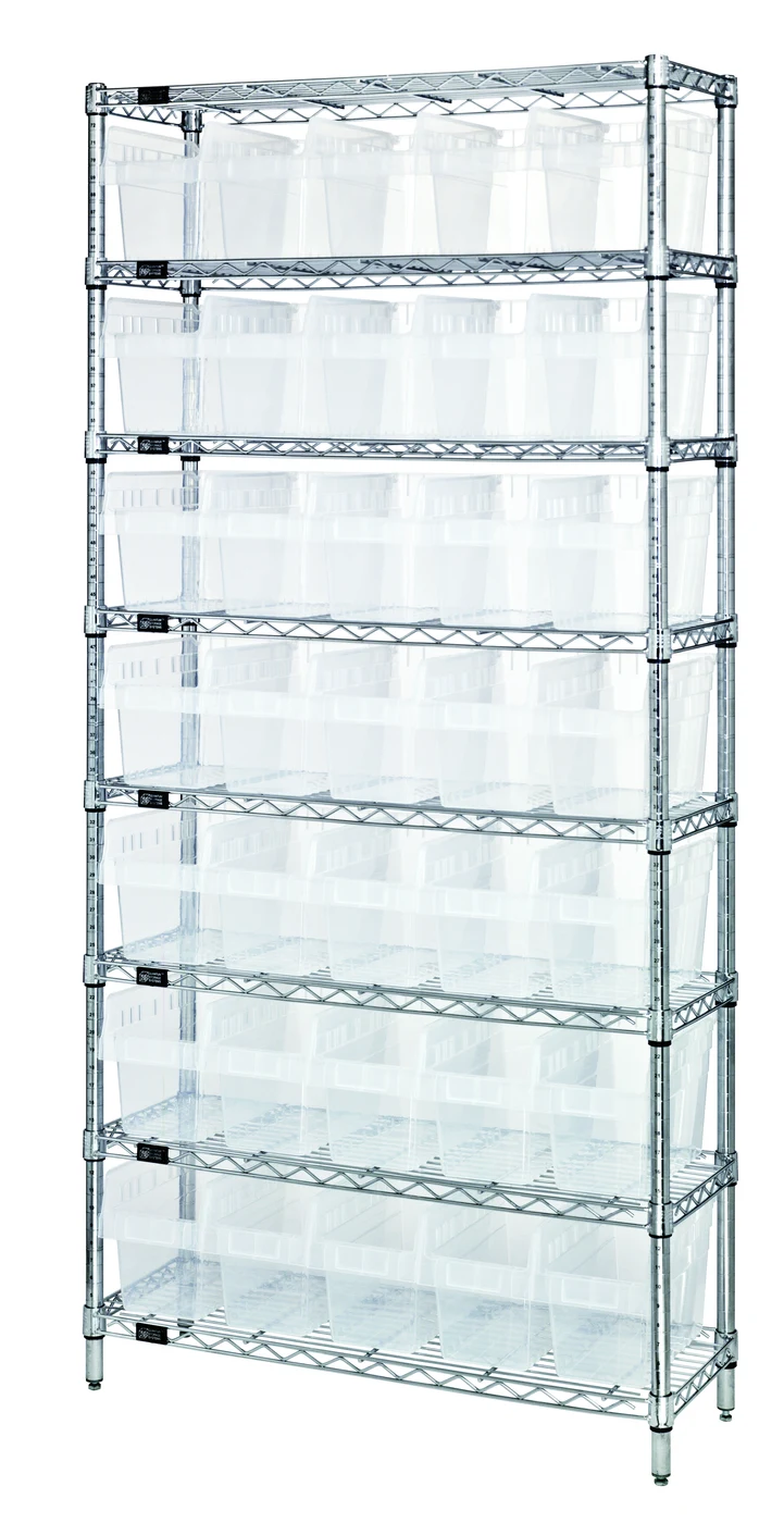 Quantum WR8-804CL Bin Wire Shelving System, 36"W x 18"D x 74"H, 800 lb capacity, Chrome