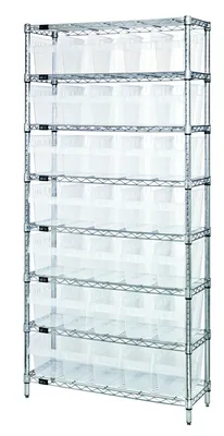 Quantum WR8-806CL Bin Wire Shelving System, 36"W x 24"D x 74"H, 800 lb capacity, Chrome
