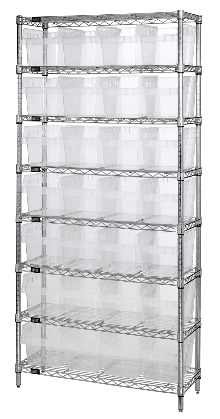 Quantum WR8-807CL Bin Wire Shelving System, 36"W x 12"D x 74"H, 800 lb capacity, Chrome